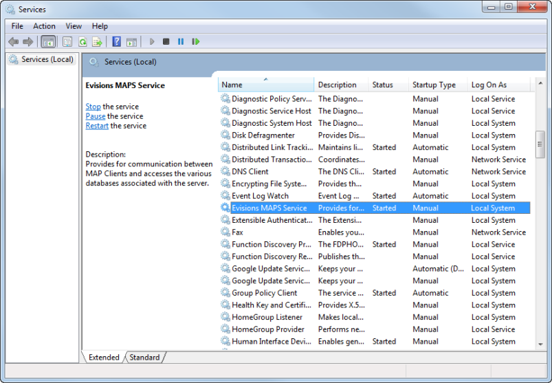 Services window on the server hosting MAPS.